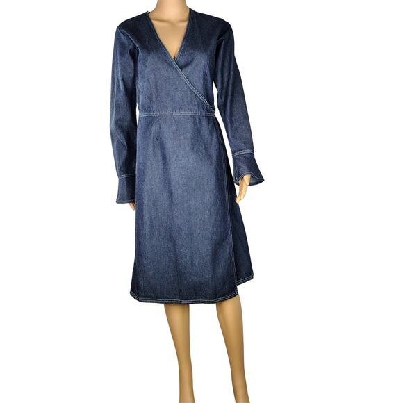 1990s Blue Denim Wrap Dress Long Sleeve Ruffle Cuff Fit Flare by RAG Size Small - Picture 1 of 9